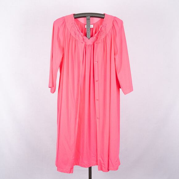 Vintage Shadowline Robe LARGE & Gown 1X Set Pink Rose Flower Embroidery USA MADE - Picture 2 of 9